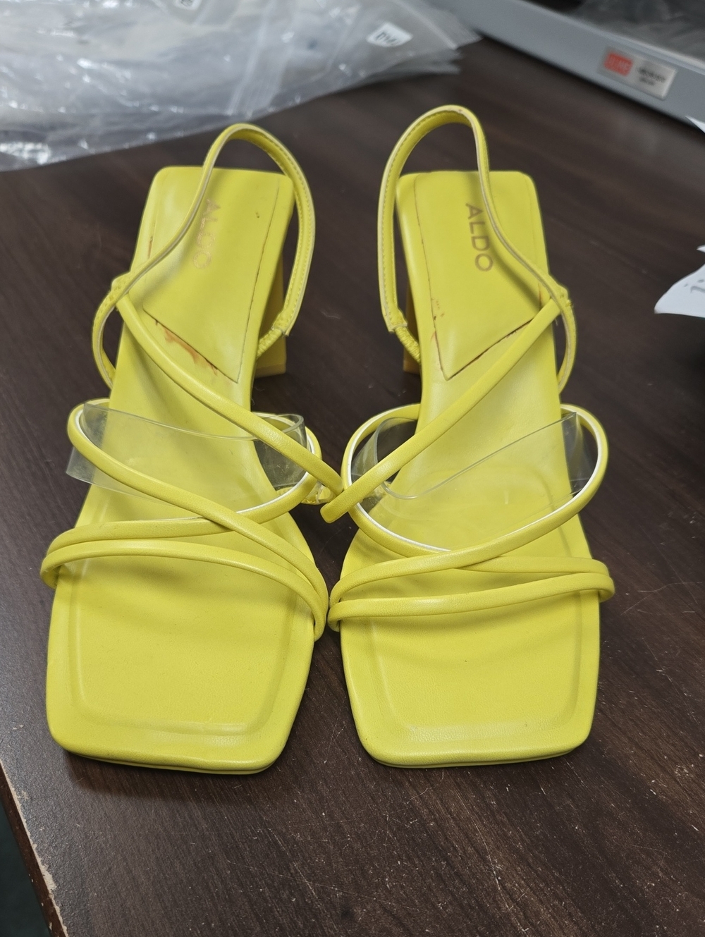 ALDO Size 7.5 Lemon Yellow Strappy Block Heel Sandals